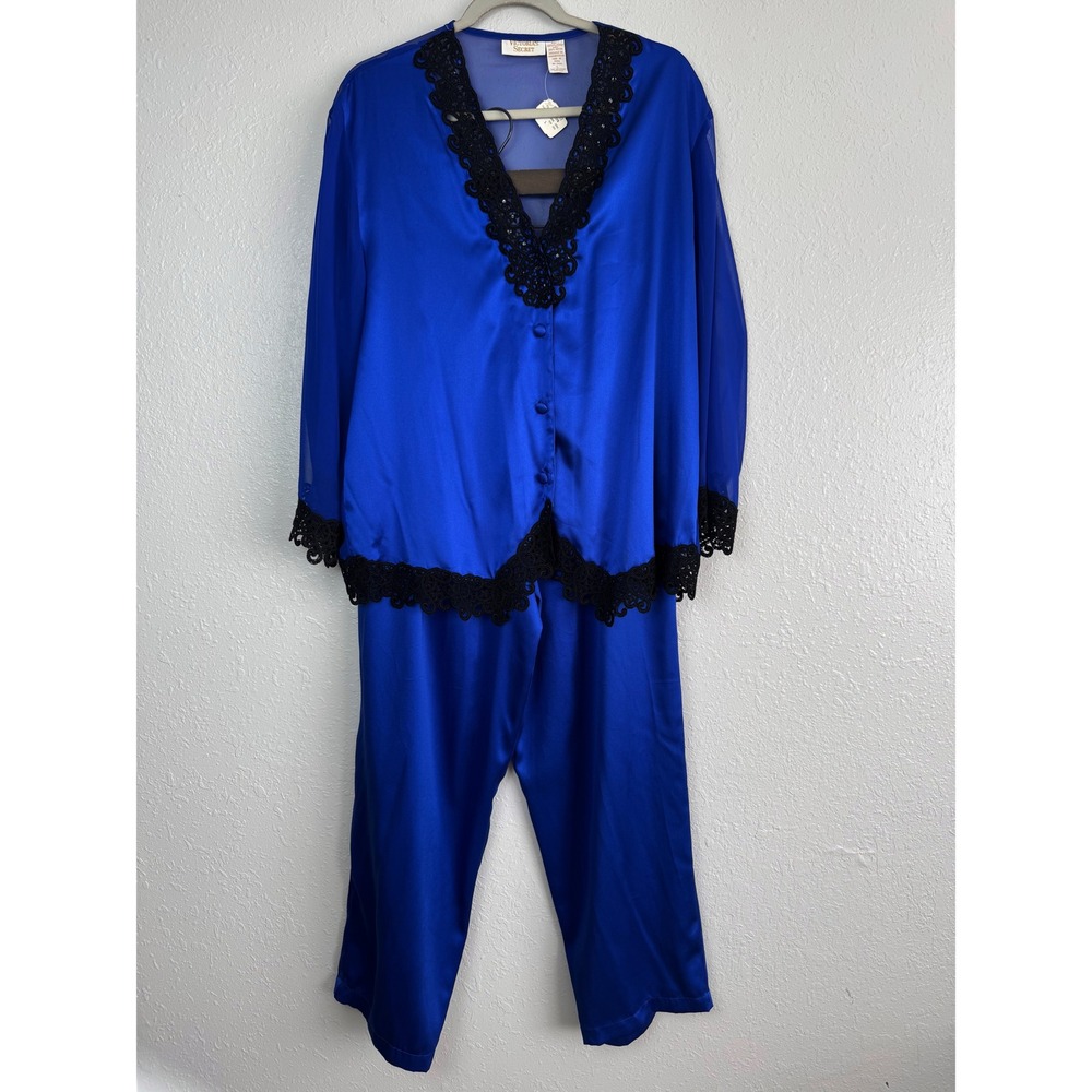 NWT Vintage Victoria's Secret Gold Label Pajama pjs Set Blue black Lace Sequin L